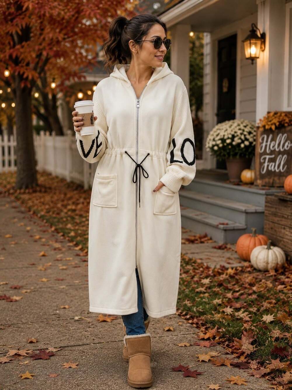 Women's Long Sleeve Zip-Up Hooded Trench Jacket with Letter Patchwork Sleeves